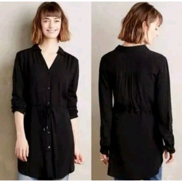 HD in Paris Anthropologie Tie Shirt Dress Button Front XS Black Roll Tab N99 - Picture 1 of 11